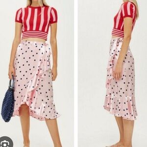Topshop Satin Pink Polka Dot Asymmetrical Ruffle wrap Midi Skirt